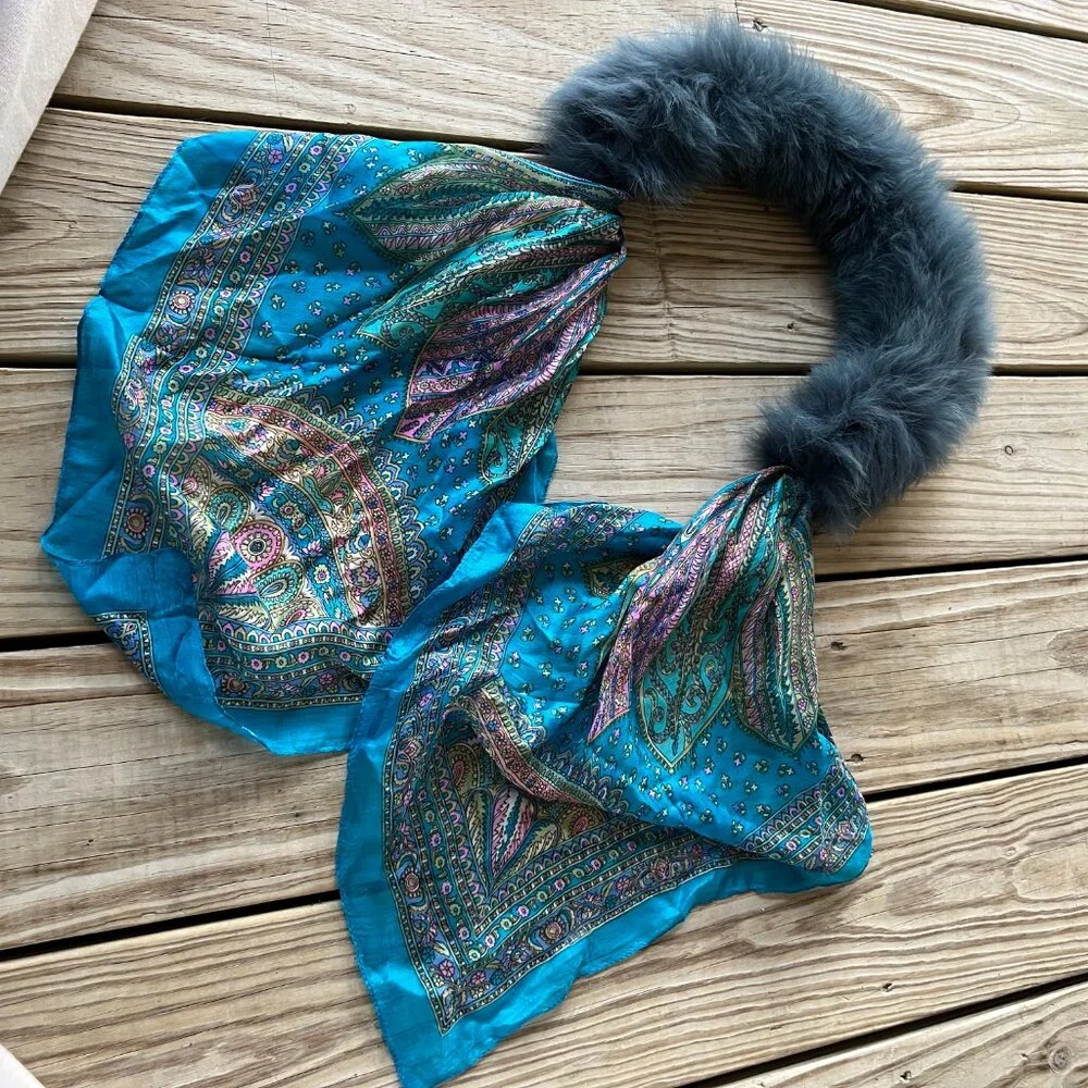 Fur and silk collar scarf - real genuine fur - teal blue